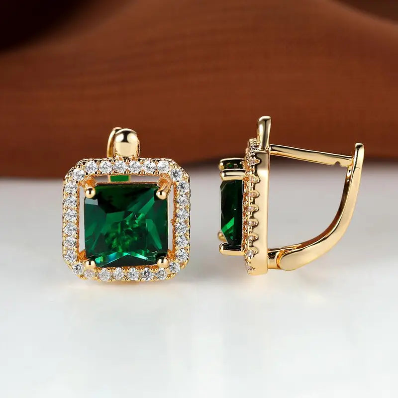 Square Green Zirconia Earrings | Gold