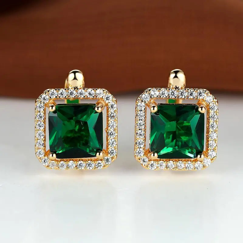 Square Green Zirconia Earrings | Gold