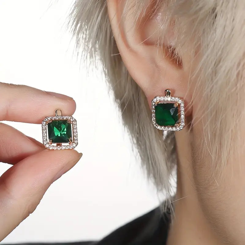 Square Green Zirconia Earrings | Gold