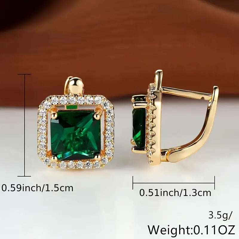 Square Green Zirconia Earrings | Gold