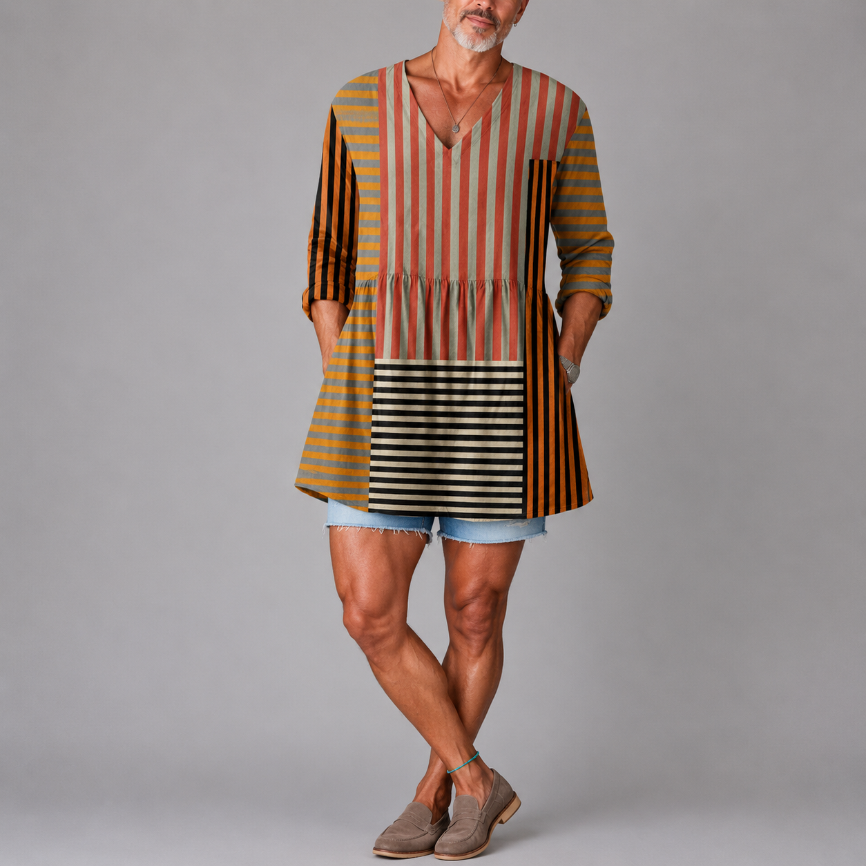 Avery | Stripe Patchwork V-Neck Shirt